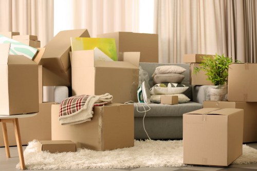 Packed moving boxes and furniture ready for house removals