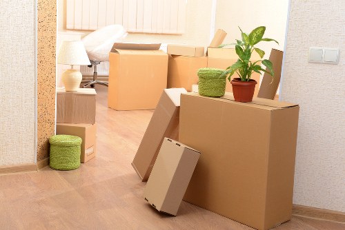 Packed office equipment ready for relocation